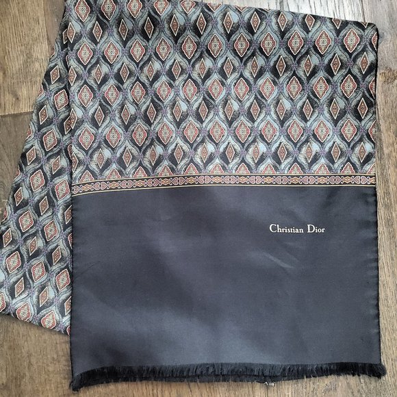 Vintage CHRISTIAN DIOR Silk & Wool Long Neck Scarf Geo Pattern Black Red Grey - Picture 1 of 6